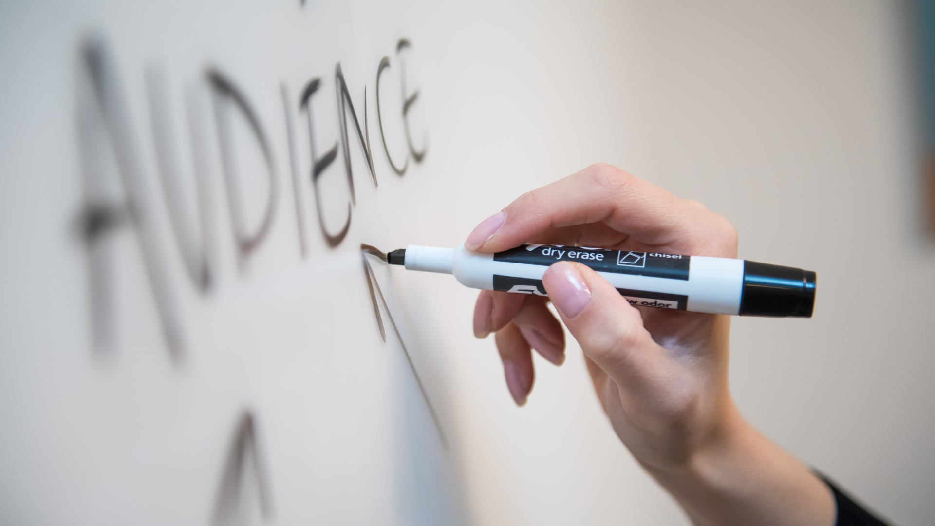 female hand writing the word audience on the whiteboard